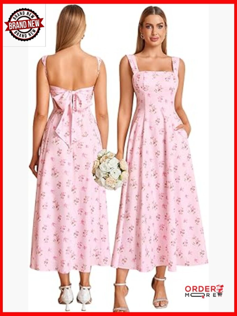 Floral Corset Midi Dress with Pockets Flowy Square Neck Sundress Wedding Guest